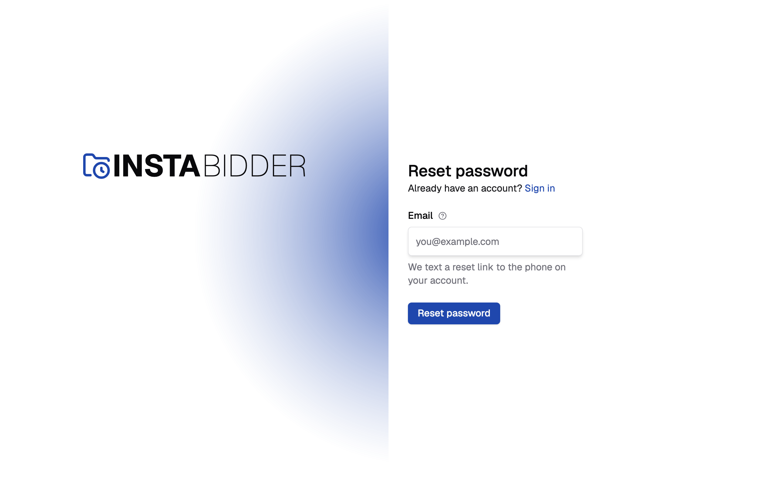 The reset password page