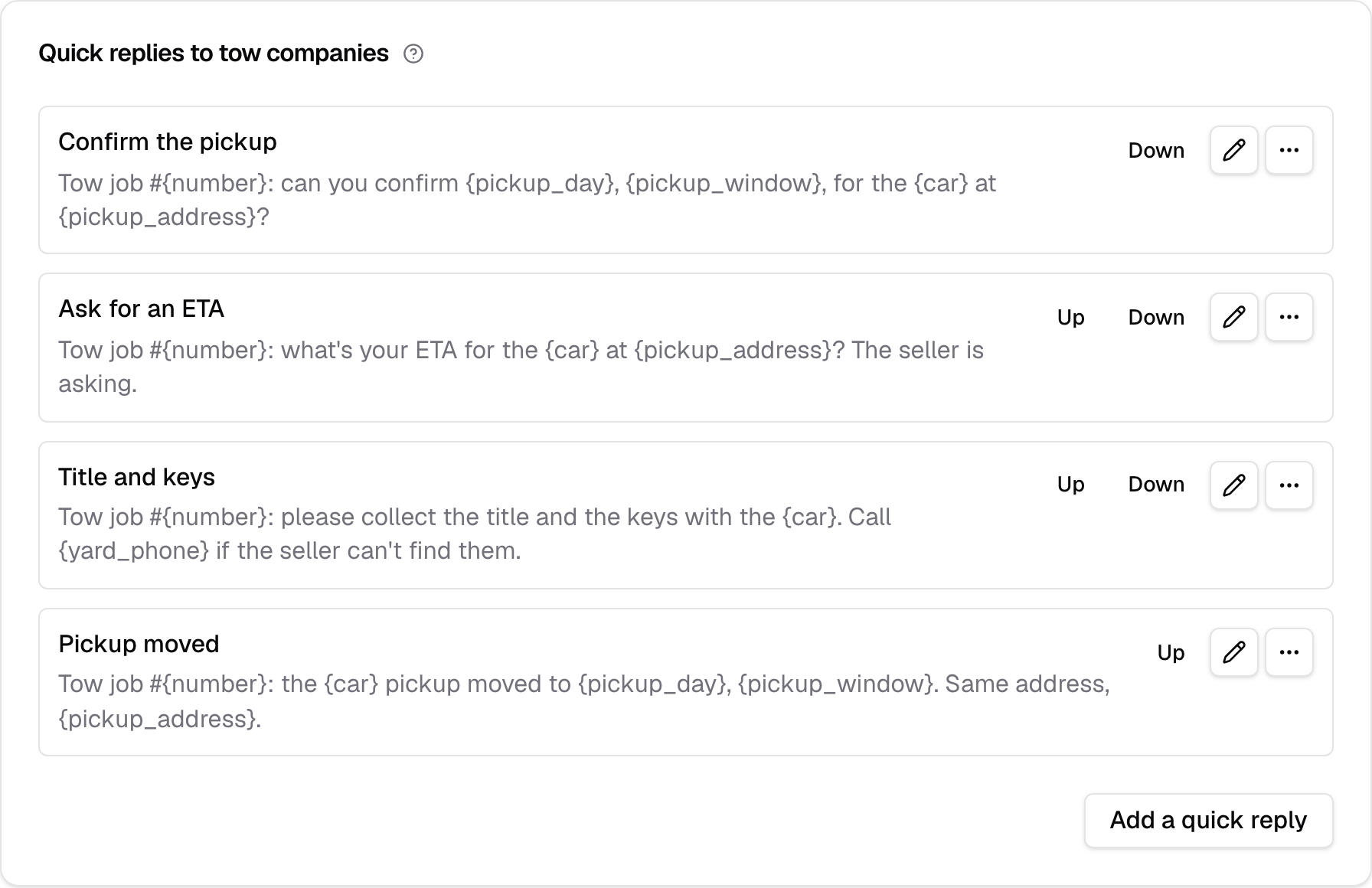 The Quick replies to tow companies card